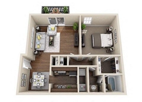 Floor plan for 1 bed, 1 bath, 709 sqft